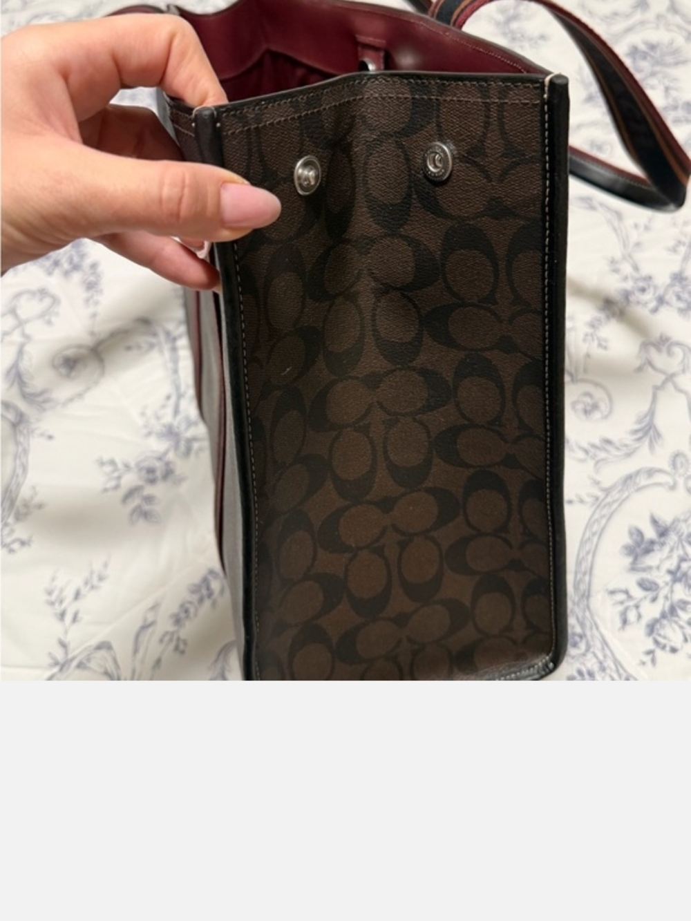 Coach Signature Canvas Large Tote in Brown with Maroon-Trim Straps - Picture 9 of 12